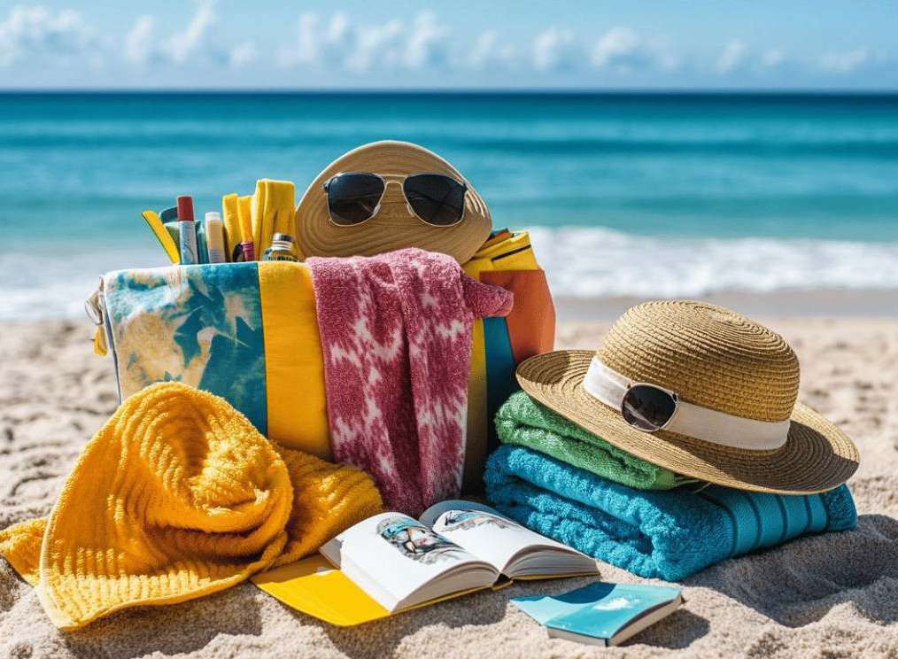 Serviettes, chapeaux et sac de plage sur le sable